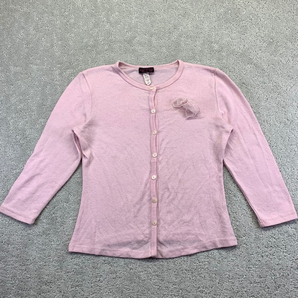 Love Me Kiss Me Top Womens Medium Y2K Pink Cardigan Button w/ Ruffle Floral Vtg